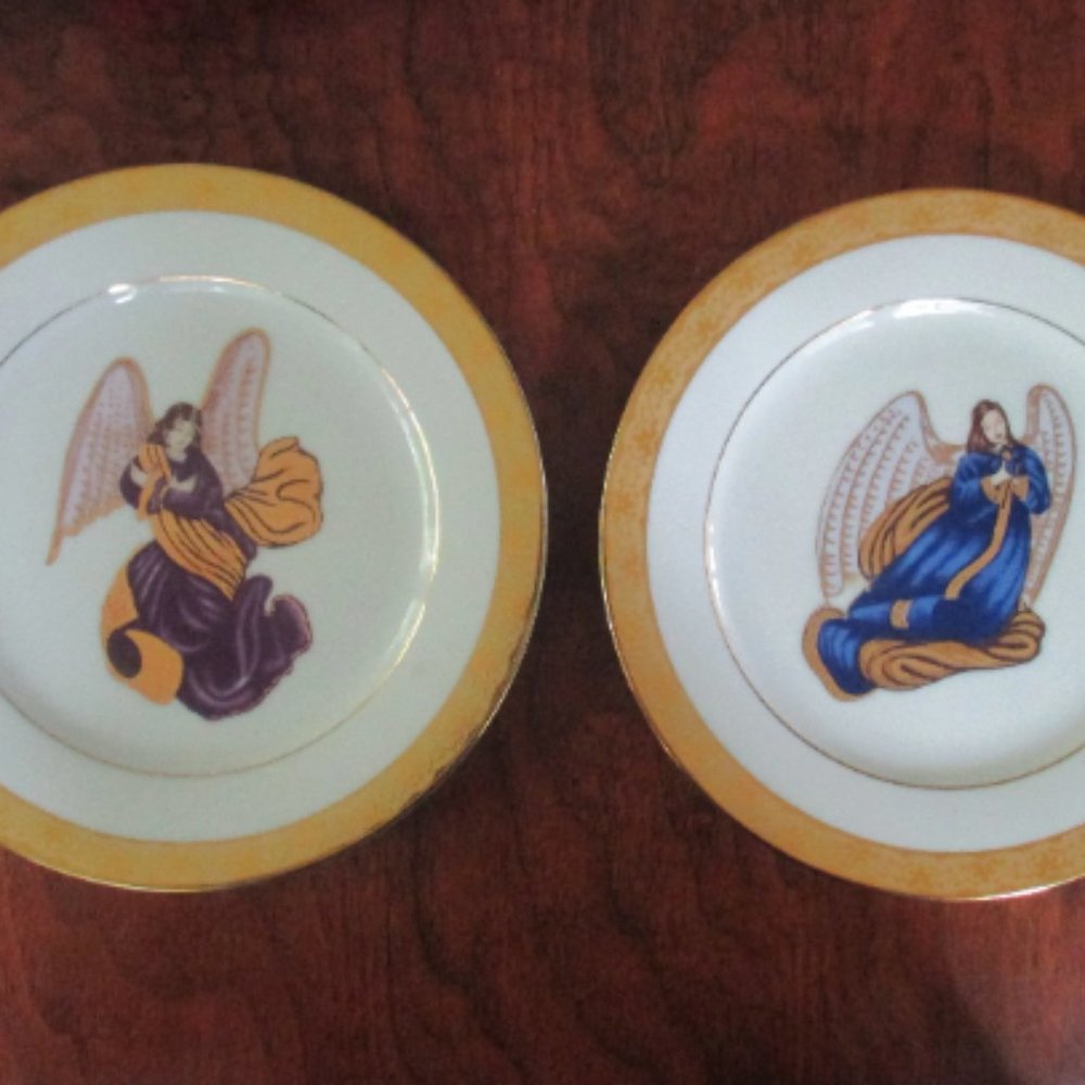 Gold Rimmed Angel Plates Set of 2 different vintage Muirfield decorative plates